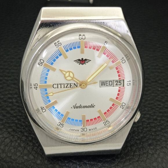 Vintage 1971 Citizen Automatic Mens Silver Watch W/daydate & Red accents - Picture 4 of 10